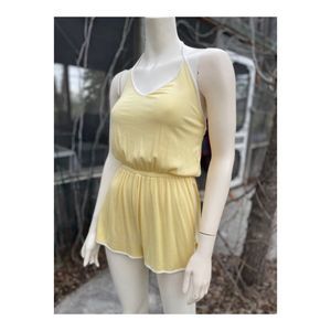 Forever 21 Retro Romper Playsuit Halter Yellow Ribbed White Trim 70s Style Sz M